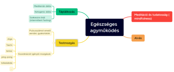 egészséges agyműködés, egészséges életmód.
- Táplálkozás
- Meditáció, mindfulness
- Testmozgás
- Alvás